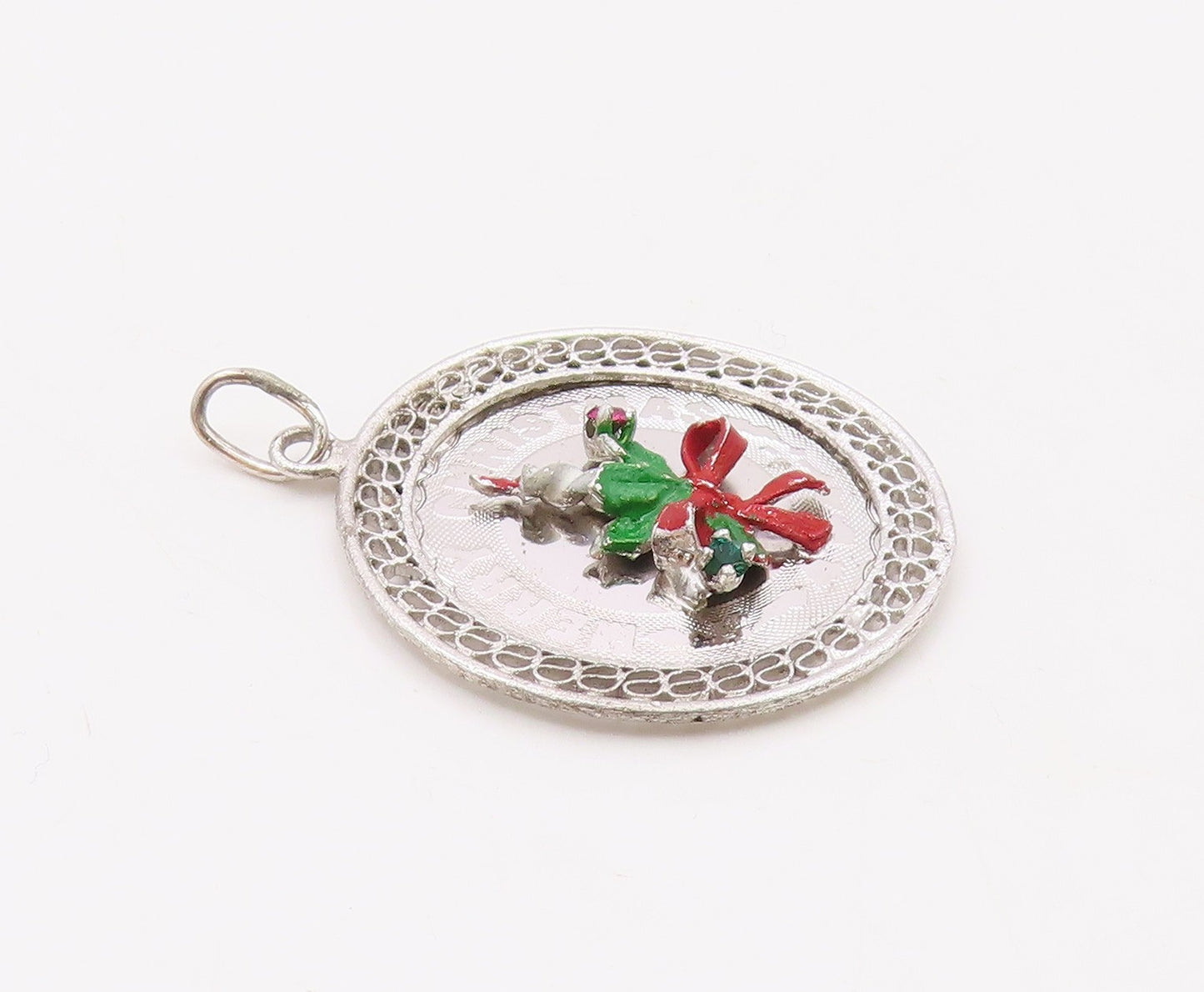 925 Sterling Silver  Vintage Enamel Merry Christmas Candle Pendant  PT18868
