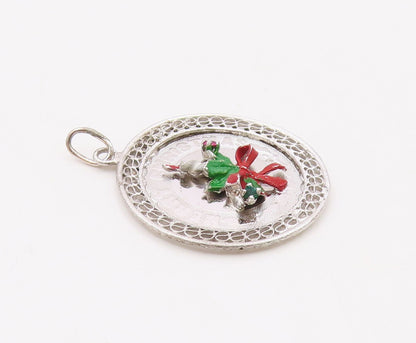 925 Sterling Silver  Vintage Enamel Merry Christmas Candle Pendant  PT18868