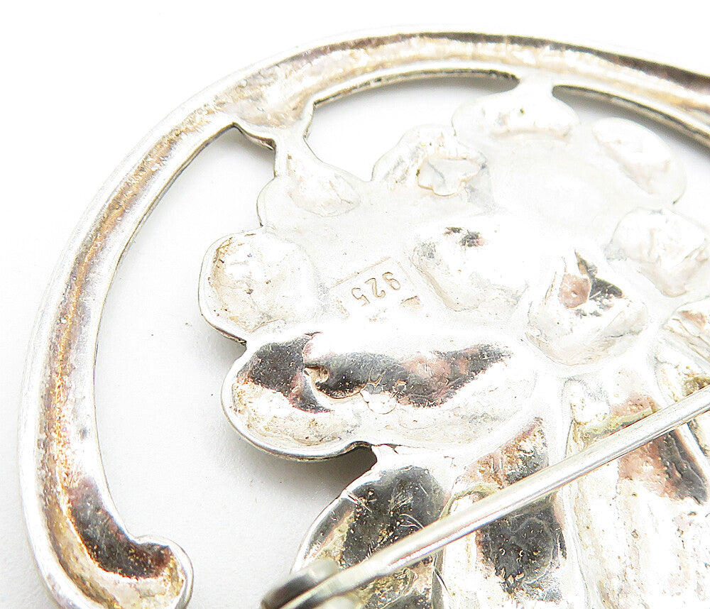 925 Sterling Silver  Vintage Shiny Double Flower Round Brooch Pin  BP2679