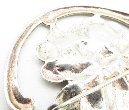 925 Sterling Silver  Vintage Shiny Double Flower Round Brooch Pin  BP2679