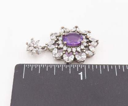 925 Sterling Silver Vintage Pendant Amethyst & Halo CZ Floral Cluster  PT25563