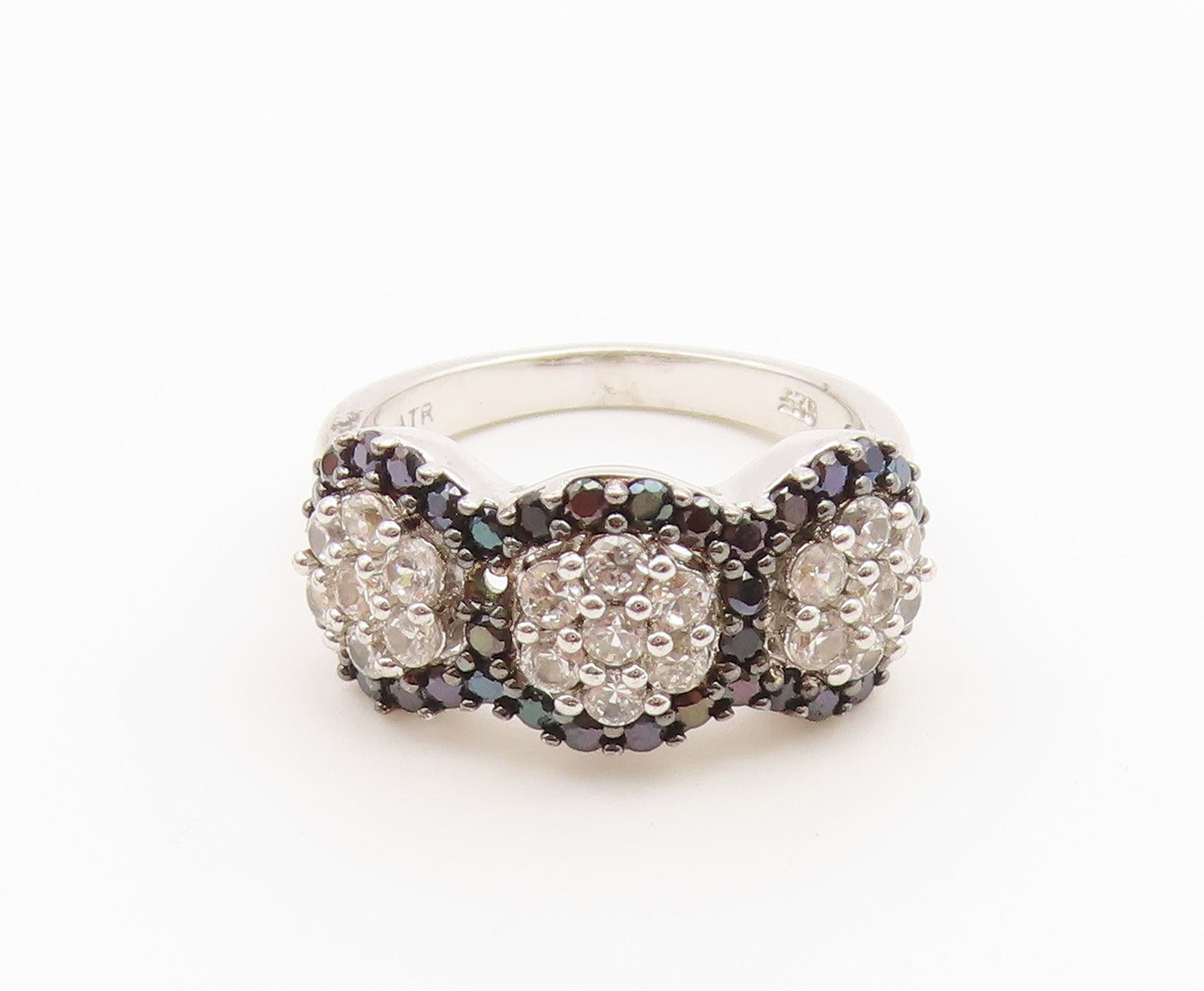 925 Sterling Silver Vintage Ring CZ Triple Flower Cluster Band  Sz 6.5  RG36850