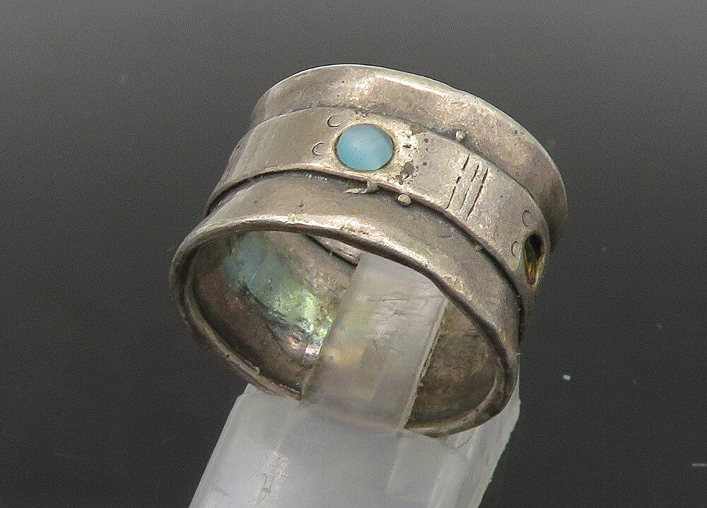 ISRAEL 925 Silver   Vintage Blue Cat's Eye Stone Band Ring Sz 8.5  RG23021