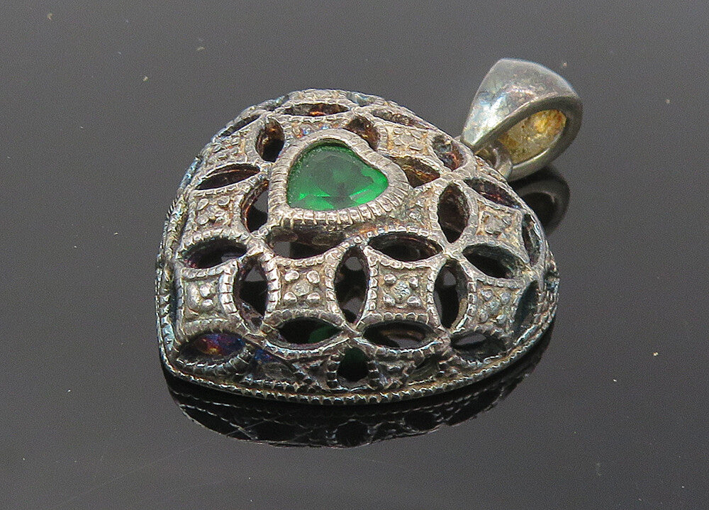 AVON 925 Sterling Silver  Vintage Green Topaz Love Heart Dome Pendant  PT9215