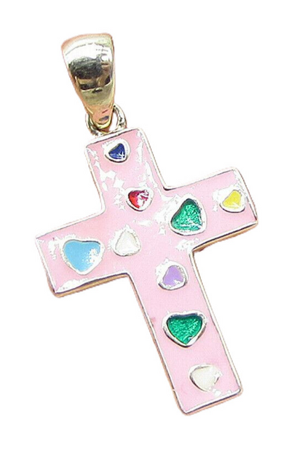 Gold Over 925 Sterling Silver Love Hearts Enamel Cross Drop Pendant PT1198