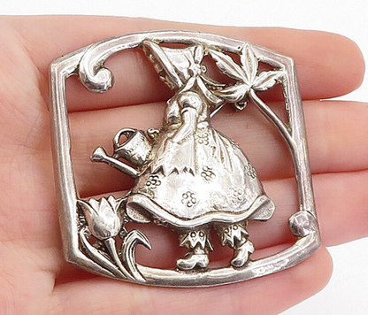 925 Sterling Silver  Vintage Antique Girl Watering Flowers Brooch Pin  BP1740