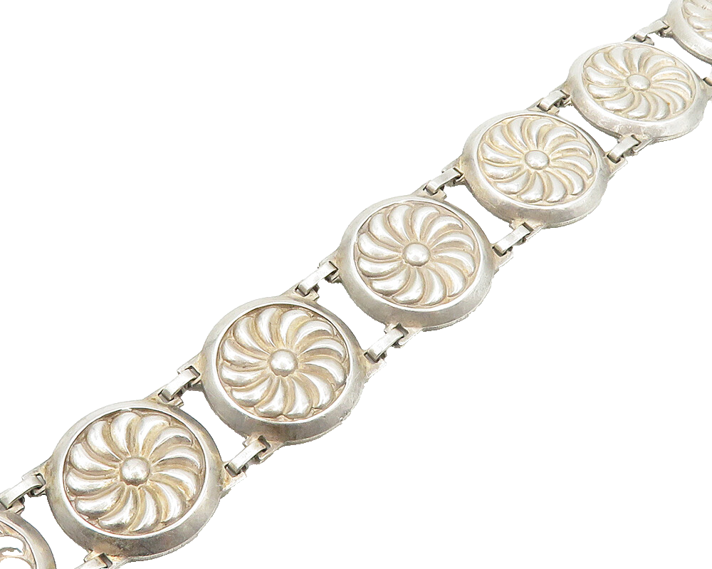 925 Sterling Silver  Vintage Spiral Round Floral Motif Chain Bracelet  BT7824