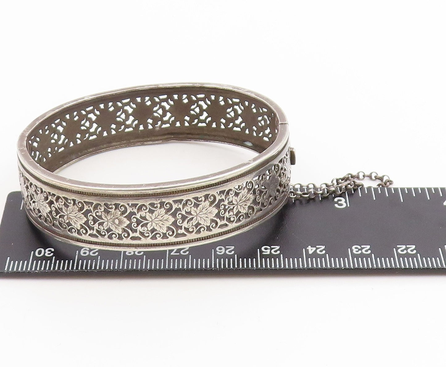 925 Sterling Silver Vintage Bracelet Antique Floral Openwork Bangle  BT12011