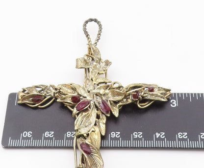 925 Sterling Silver Vintage Large Garnet Leaf Religious Cross Pendant PT21019