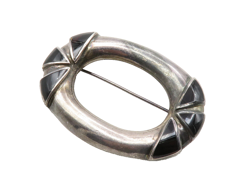 BOMA 925 Sterling Silver  Vintage Black Onyx Dark Tone Oval Brooch Pin  BP4745