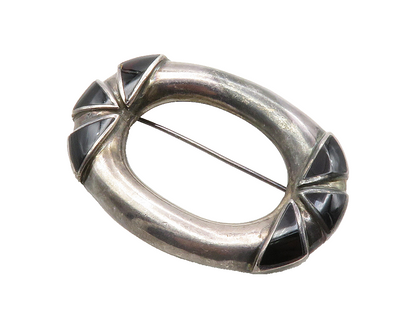 BOMA 925 Sterling Silver  Vintage Black Onyx Dark Tone Oval Brooch Pin  BP4745