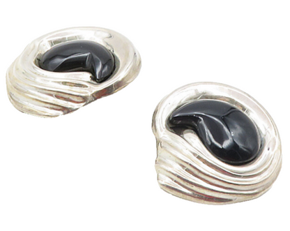 MEXICO 925 Silver  Vintage Black Onyx Modernist Non Pierce Earrings  EG4794