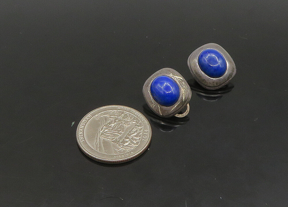 EUROPEAN 925 Silver  Vintage Cabochon Lapis Lazuli Non Pierce Earrings EG11423