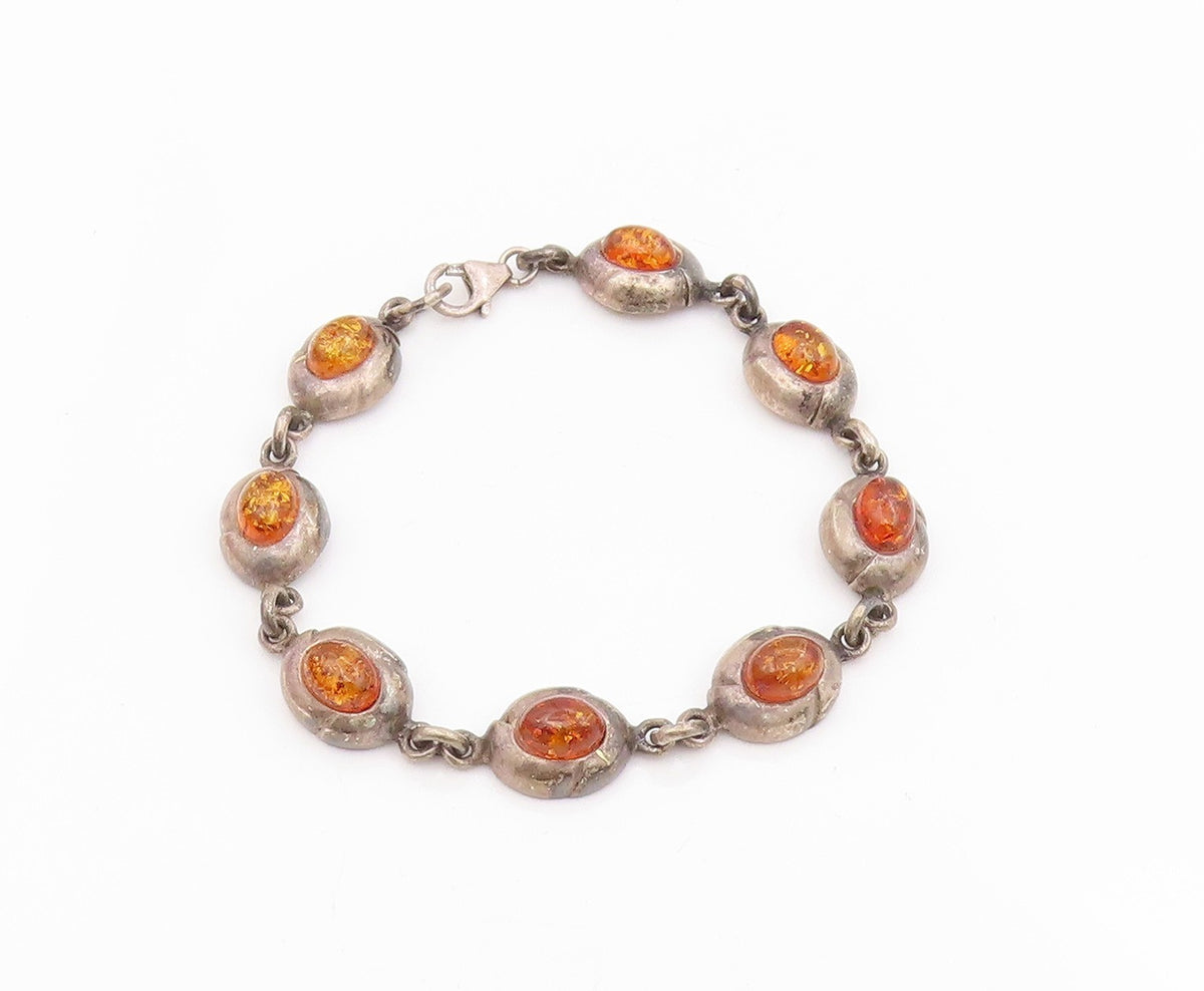 925 Sterling Silver Vintage Bracelet Cabochon Honey Amber Solid Link  BT11697