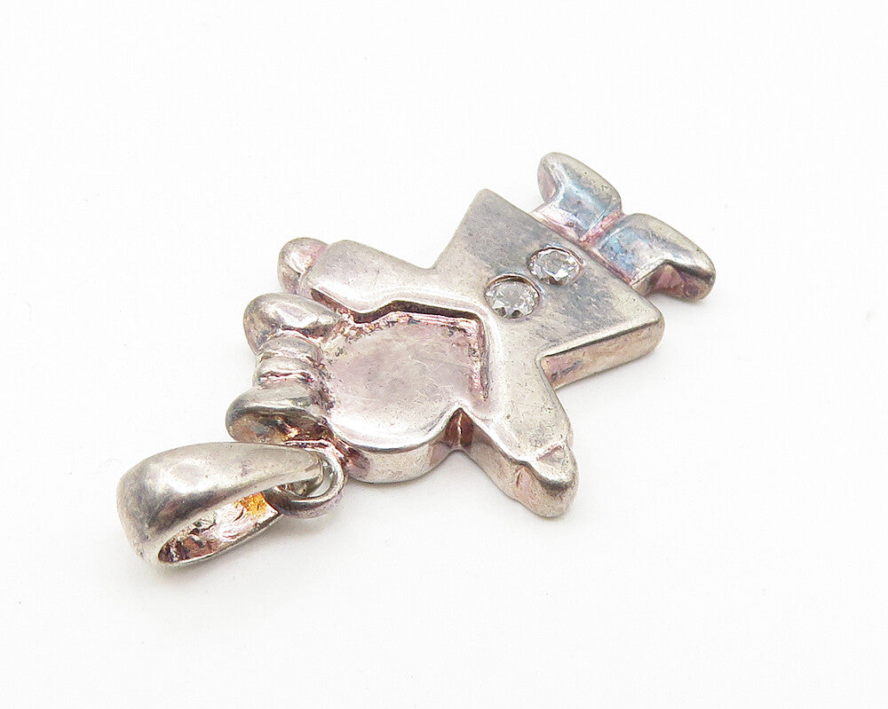 925 Sterling Silver  Vintage Topaz Dark Tone Girl In Dress Pendant  PT8818
