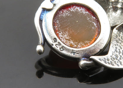 925 Sterling Silver  Vintage Cabochon Amber Floral Leaf Drop Earrings  EG9919