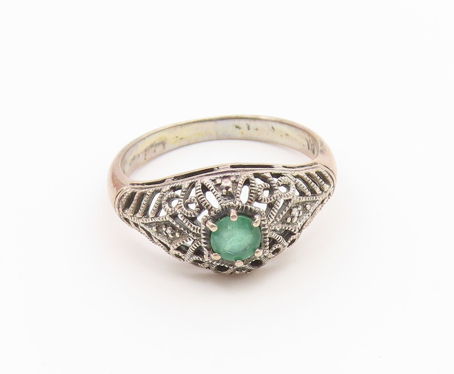 925 Sterling Silver Vintage Ring Emerald Intricate Filigree Band  Sz 8  RG36867