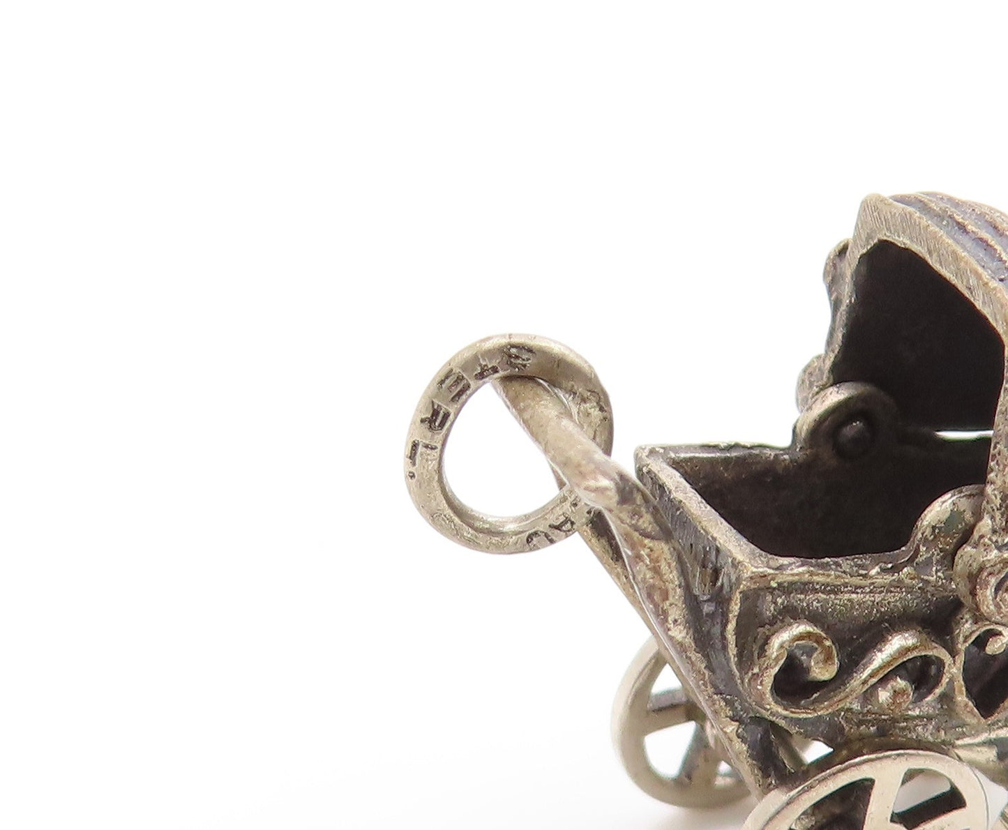 925 Sterling Silver Vintage Pendant BEAU 3D Baby Stroller Charm MOVES  PT26269