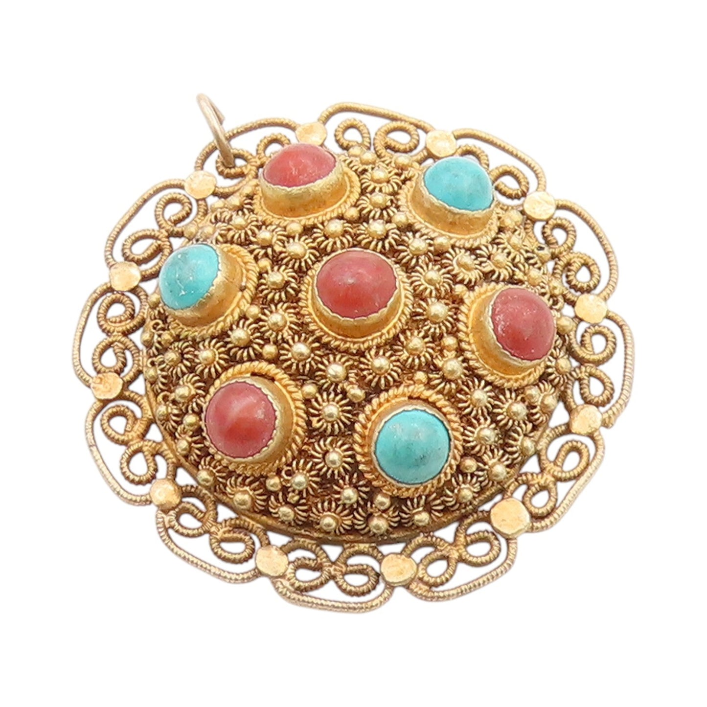 925 Sterling Silver Vintage Pendant Gold Plated Turquoise & Gemstones  PT24715