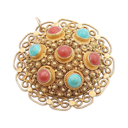 925 Sterling Silver Vintage Pendant Gold Plated Turquoise & Gemstones  PT24715