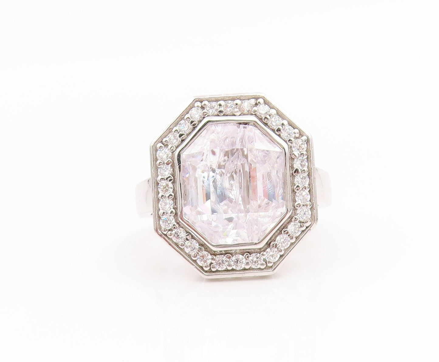 925 Sterling Silver Vintage Ring CZ Halo Geometric Octagon Band  Sz 7  RG35769