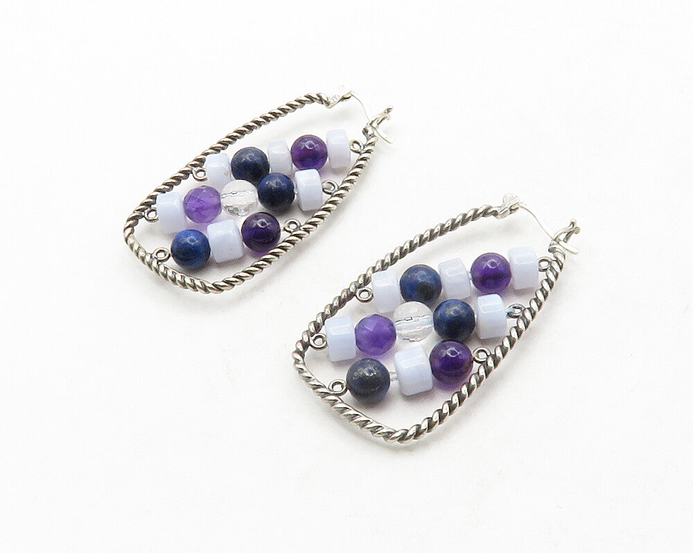 925 Silver  Vintage Agate Lapis Lazuli & Amethyst Beaded Hoop Earrings  EG6802