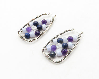 925 Silver  Vintage Agate Lapis Lazuli & Amethyst Beaded Hoop Earrings  EG6802