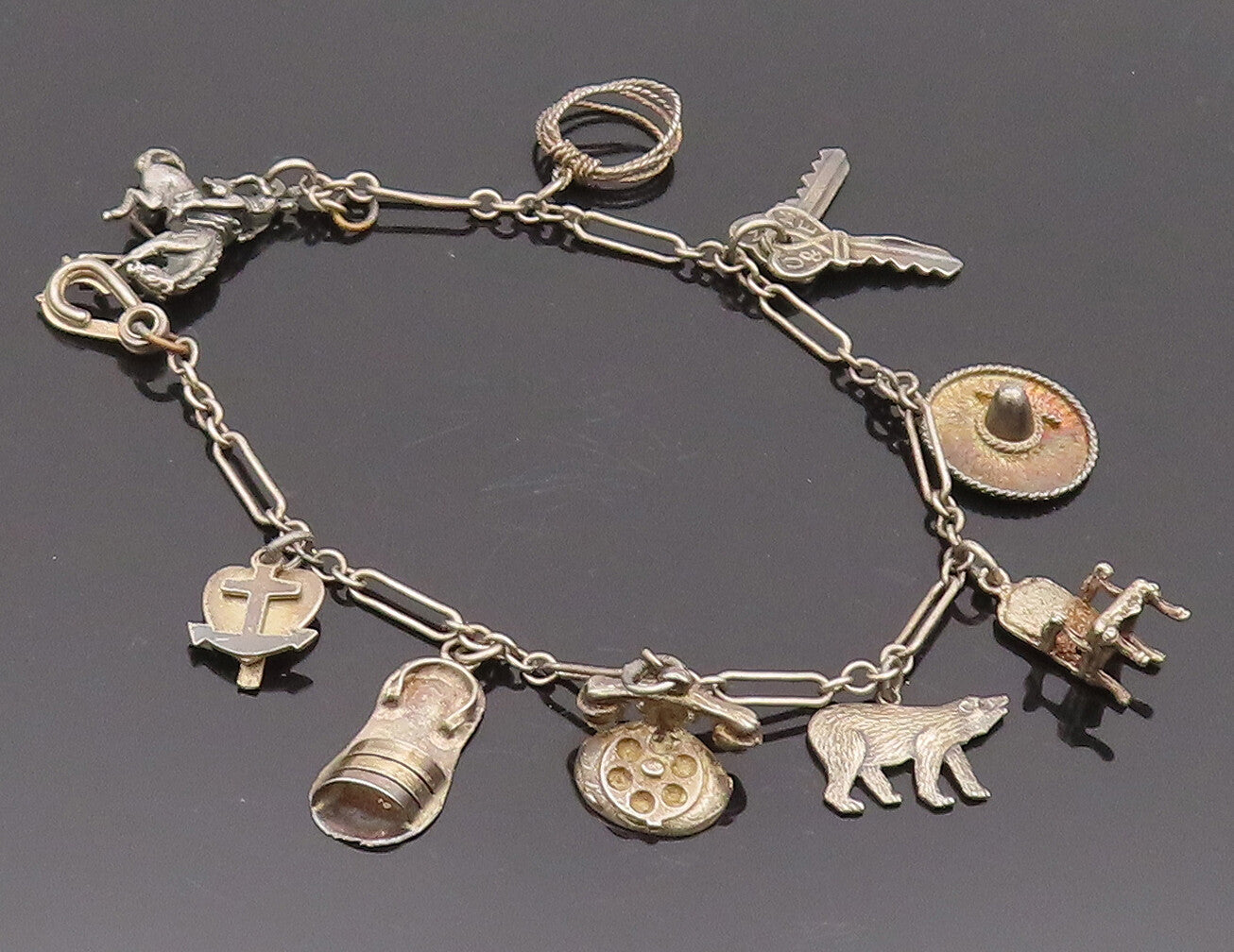 925 Sterling Silver Vintage Bracelet Wild West Old America Link Charm  BT10192
