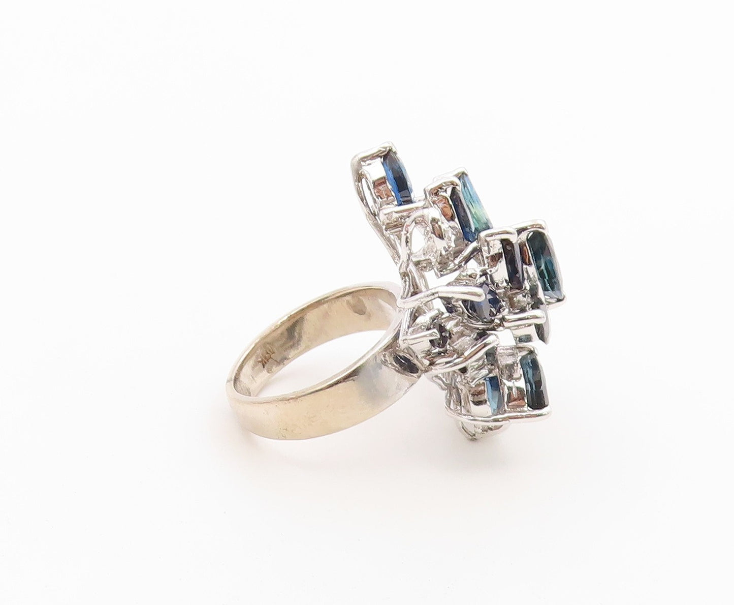 925 Sterling Silver Vintage Ring Real Diamonds & Sapphire Flower  Sz 6  RG36623