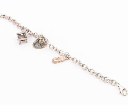 925 Sterling Silver  Vintage Beach Day Charm Round Link Chain Bracelet  BT3772