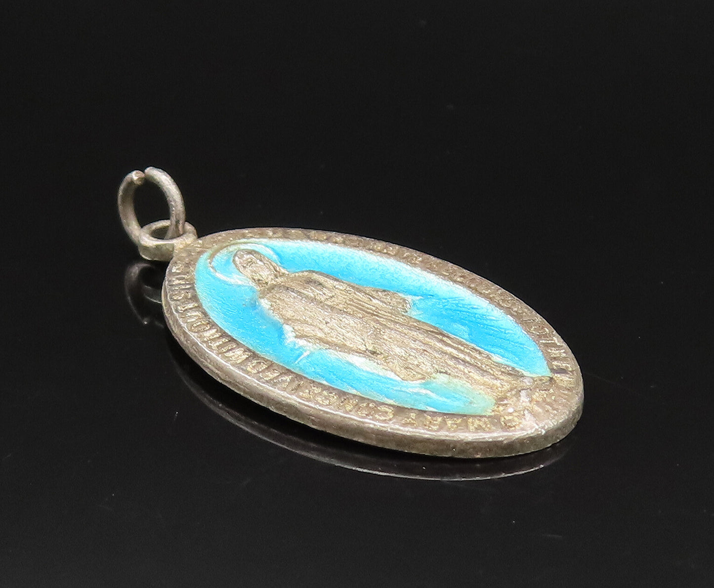 925 Silver  Vintage Antique Enamel Saint Mary Religious Medal Pendant  PT21124