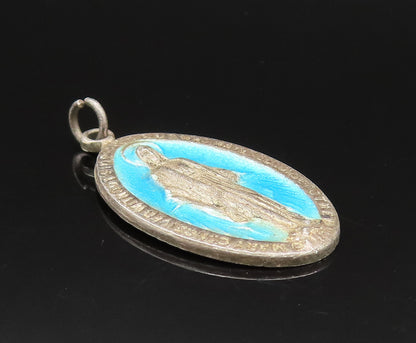 925 Silver  Vintage Antique Enamel Saint Mary Religious Medal Pendant  PT21124