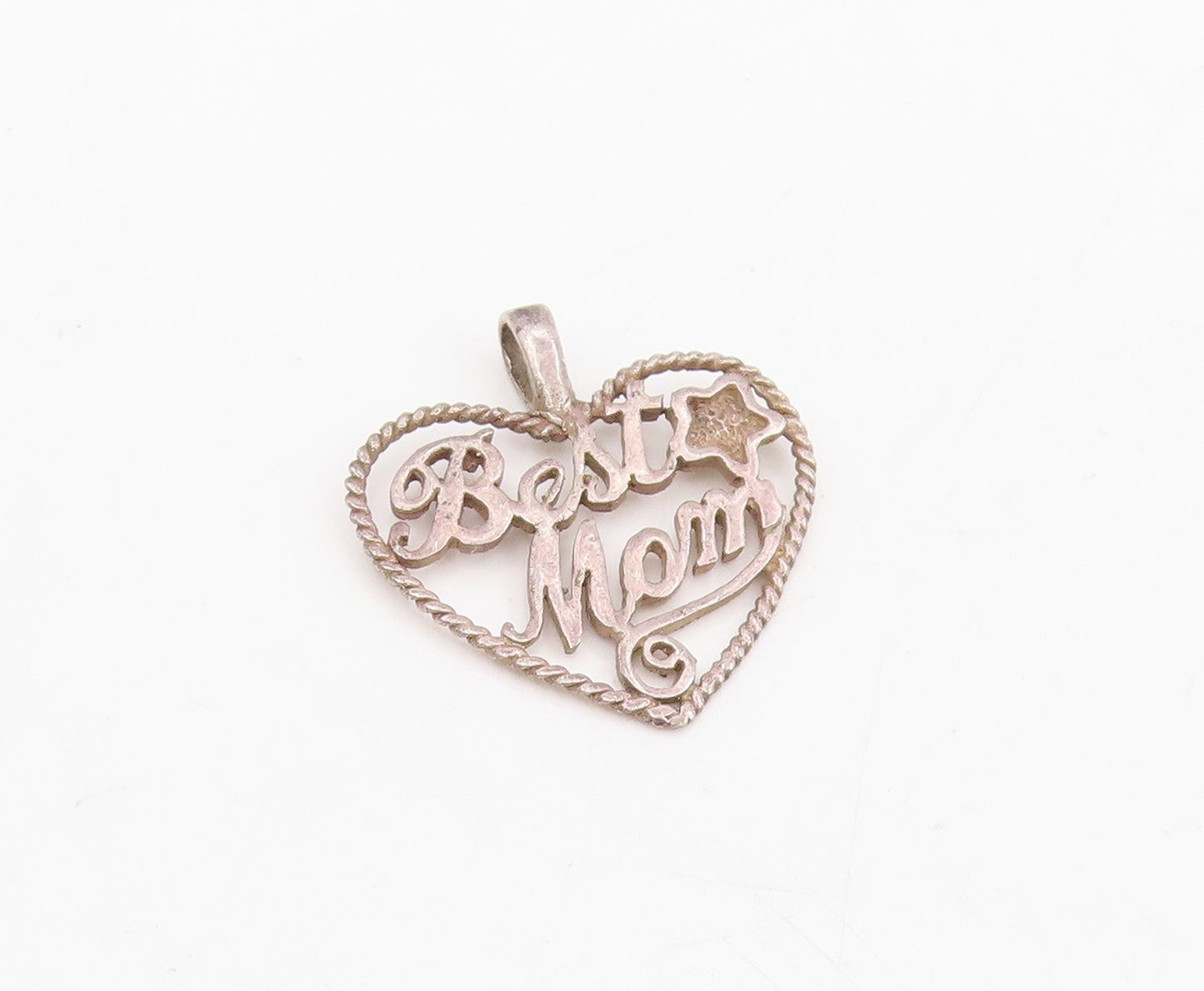 925 Sterling Silver Vintage Pendant Best Mom Openwork Love Heart Charm  PT25715