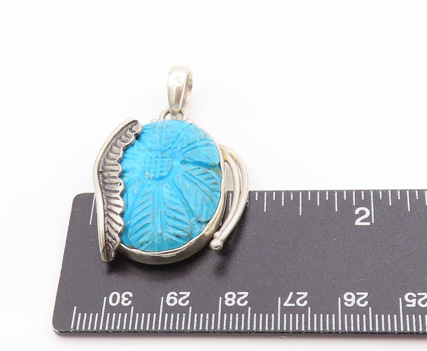 925 Sterling Silver Vintage Pendant Carved Turquoise Flower and Feather  PT24893