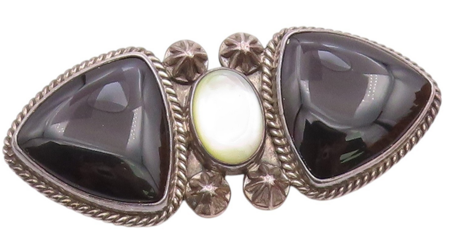 REVE 925 Silver  Vintage Black Onyx & Mother Of Pearl Twist Brooch Pin  BP8087