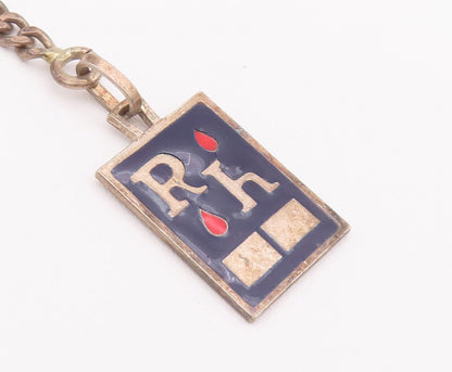 925 Sterling Silver Vintage Key Chain Blue & Red Enameled Carved 'RH'  TR3717