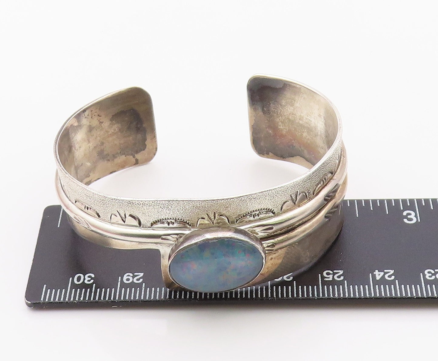 925 Sterling Silver Vintage Bracelet NAVAJO Fire Opal Arrow & Sunburst BT12098