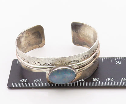 925 Sterling Silver Vintage Bracelet NAVAJO Fire Opal Arrow & Sunburst BT12098