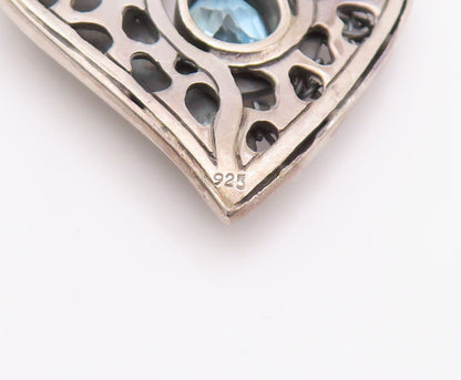 925 Sterling Silver Vintage Pendant Drop Cut Blue Topaz Carved Heart  PT24009