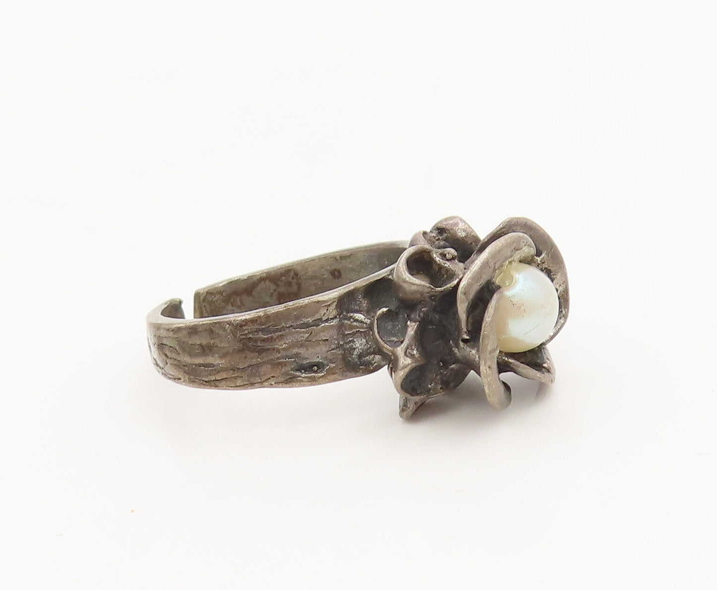 EUROPE 925 Silver  Vintage 3D Rose Flower & Pearl Inside Ring Sz 7.5  RG27143