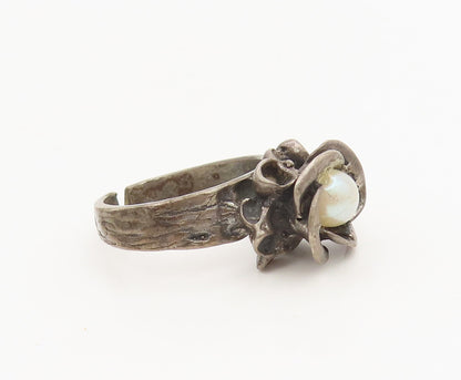 EUROPE 925 Silver  Vintage 3D Rose Flower & Pearl Inside Ring Sz 7.5  RG27143