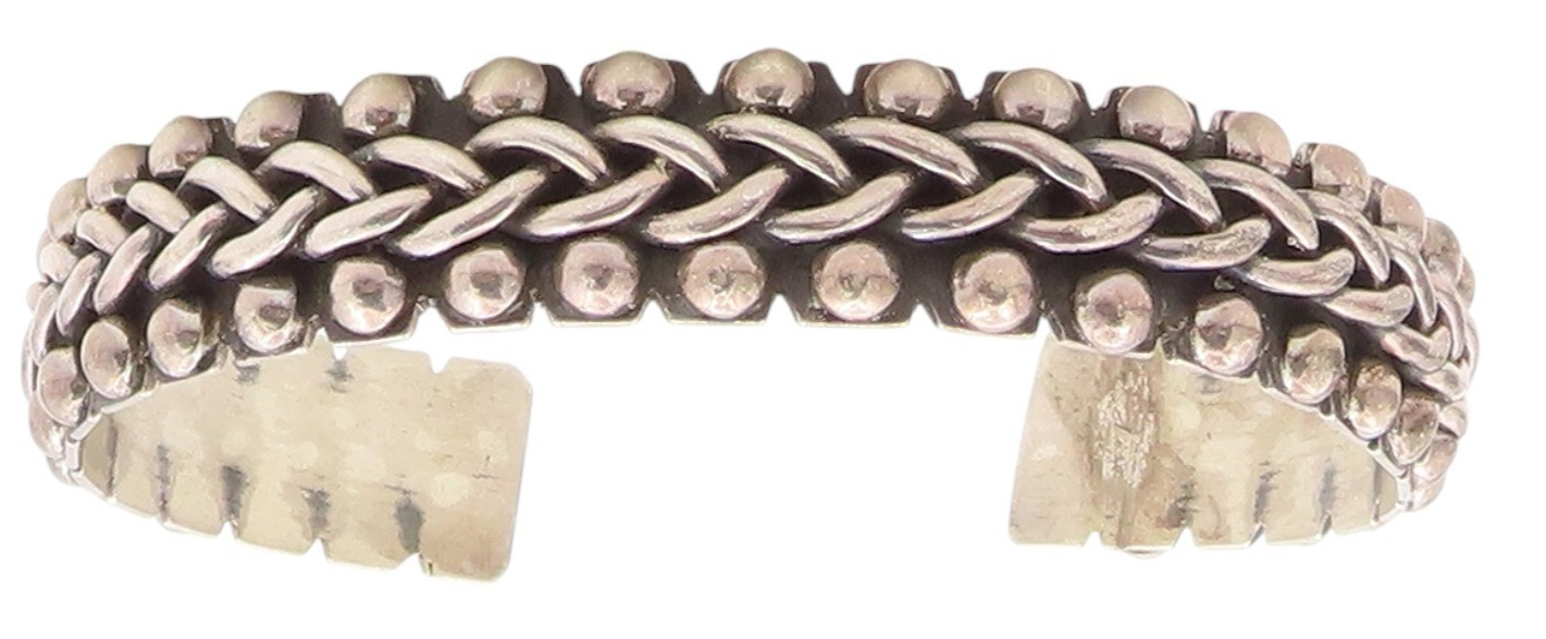 925 Sterling Silver Vintage Bracelet MEXICO Basket Weave & Beaded Cuff  BT11773