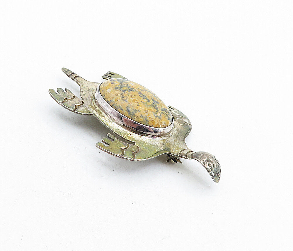 MEXICO 925 Sterling Silver  Vintage Jasper Sea Turtle Motif Brooch Pin  BP1567