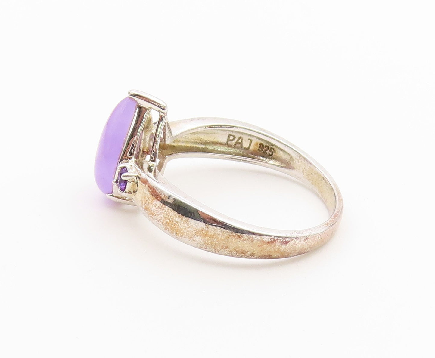 925 Sterling Silver Vintage Ring Pear Cut Jade & Amethyst Band  Sz 10  RG36891
