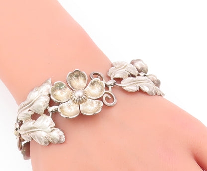 925 Sterling Silver Vintage Bracelet BAUR Solid Carved Flower & Leaves  BT10345