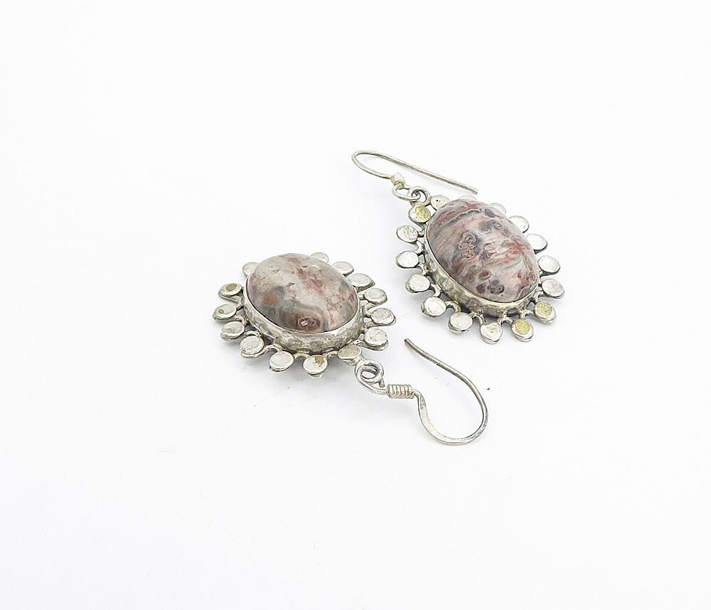 925 Sterling Silver  Vintage Cabochon Cut Jasper Floral Dangle Earrings EG3641
