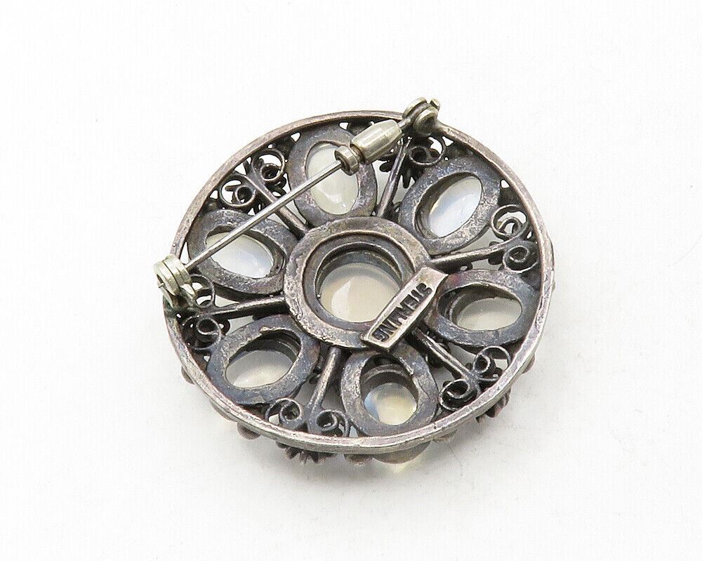 925 Sterling Silver  Vintage Topaz Oxidized Floral Design Brooch Pin  BP4785