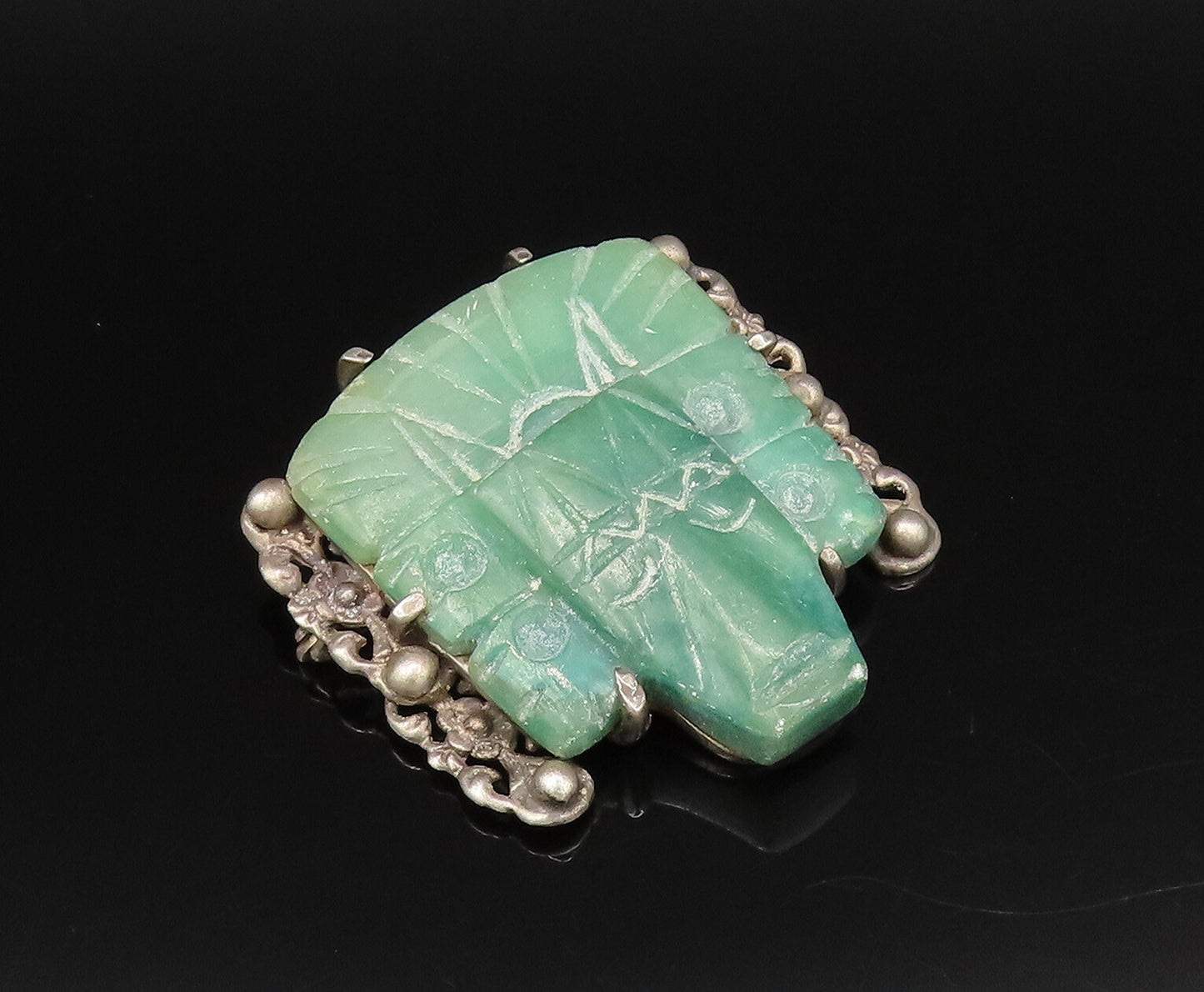 925 Sterling Silver Vintage Jade & Beaded Aztec Warrior Head Brooch Pin BP10009