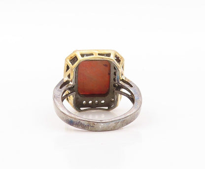 925 Sterling Silver Vintage Ring Square Orange Gemstone & Diamonds Sz 7  RG30180