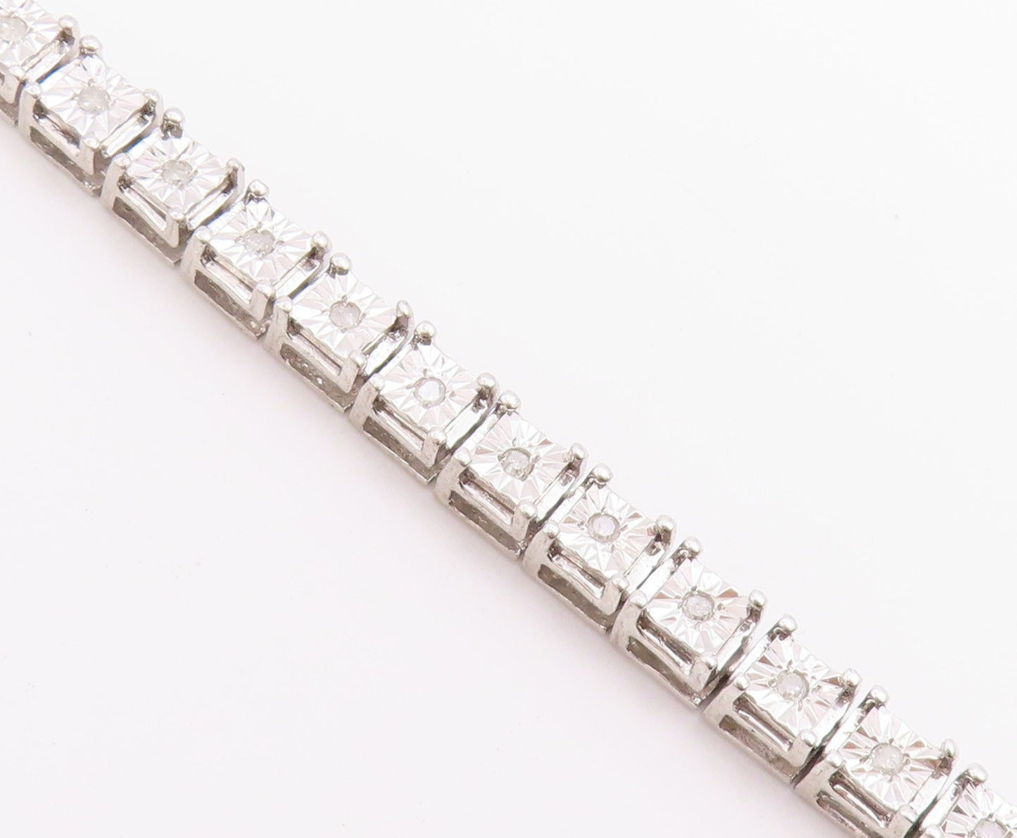 925 Sterling Silver Vintage Bracelet Real Diamonds Square Tennis Link  BT12228
